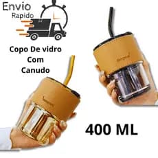 Copo De Vidro Coldre de couro Com Canudo Tampa Vedante P/ Bebida Quente ou Fria 400ML Fume ou Marrom