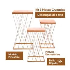 Kit 3 Mesas Teia Cruzada Decoração de Festa Pintura Eletrostatica Acabamento Premium