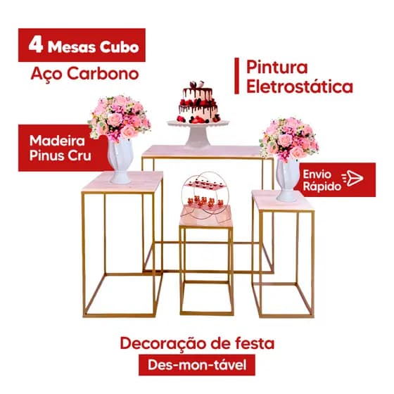 Mesas Para Decoração de Festas Cubo Desmontavel Pintura Eletrostatica  (4 Peças) Decoração de Aniversário  Pegue e Monte
