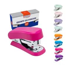Kit Mini Grampeador até 20 folhas + 1.000 Grampos 26/6 BRW 8 opções de cores Escolar Escritório