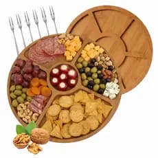 Kit Petisqueira Tabua Madeira Redonda 6 Garfinhos Gamela Aperitivo Servir Frios Queijo