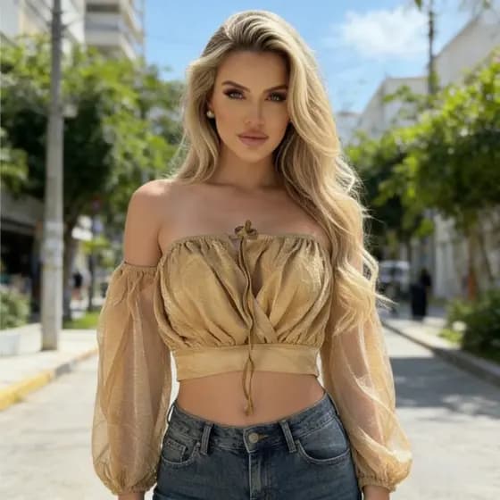 Blusa Feminina Halter, Mangas Transparentes e Decote Barra 8-817