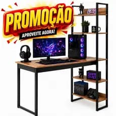 Mesa Gamer Home Office com Estante 5 Nichos Escritório Completa Moderna Industrial