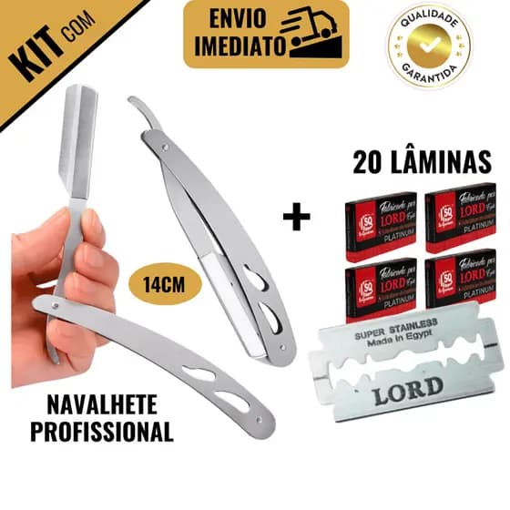 Kit Navalhete Navalha Inox para Barbear Profissional Barbearia com 20 Lâminas LORD PLATINUM Corte de Cabelo Cabeleireiro