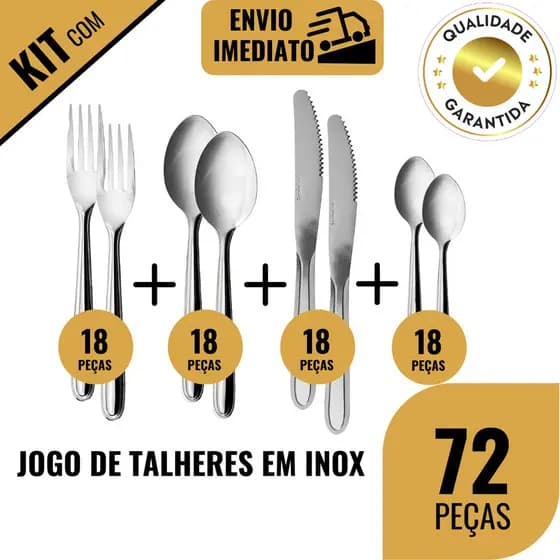 Jogo Talher Aço Inox 36/72 Peças Colher Faca Garfo Colher de Chá para Cozinha Restaurante Lanchonete