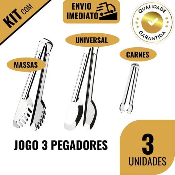 Kit Pegador Aço Inox 2/3 Pegador de Massa Pegador Universal 20cm Pegador de Carne 12,5cm Multiuso