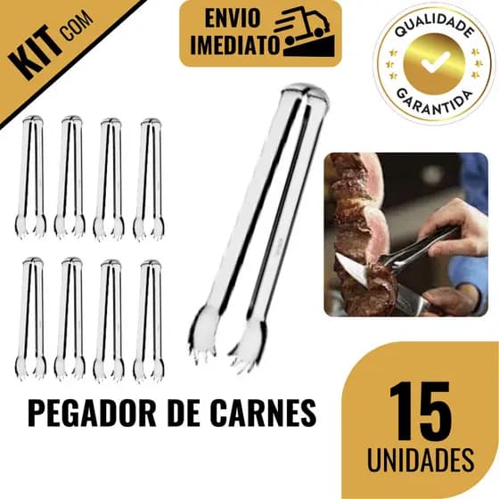 Kit Pegador de Carne 10/15 Peças Pegador de Churrascaria Inox para Restaurante Buffet Cozinha 12,5cm