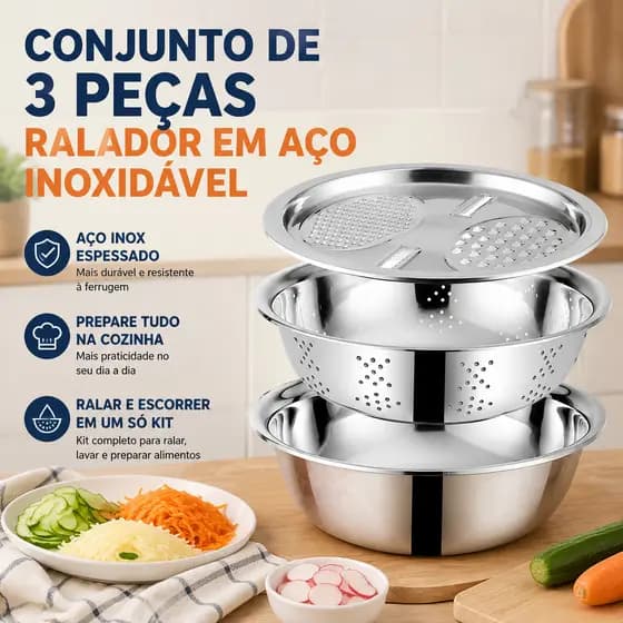 Kit 3 Em 1 Ralador Fatiador Escorredor Bacia Manual para Legumes Queijo Verduras Saladas e Uso Diário na Cozinha