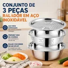 Kit 3 Em 1 Ralador Fatiador Escorredor Bacia Manual para Legumes Queijo Verduras Saladas e Uso Diário na Cozinha