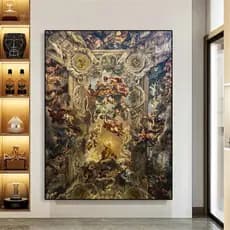 Quadro Cartaz de arte vintage renascentista, dourado e azul floral pessoas dentro do templo, para casa, decoração de sala
