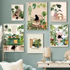 Quadro Verdes e Black Cat Wall Art, Estética Posters e Impressões, Wall Pictures, Boho Living Room Decor