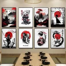 Quadro Japonês Samurai, Arte Mural, Guerreiro, Panda e Gueixa Poster, Para Sala de Estar, Decoração