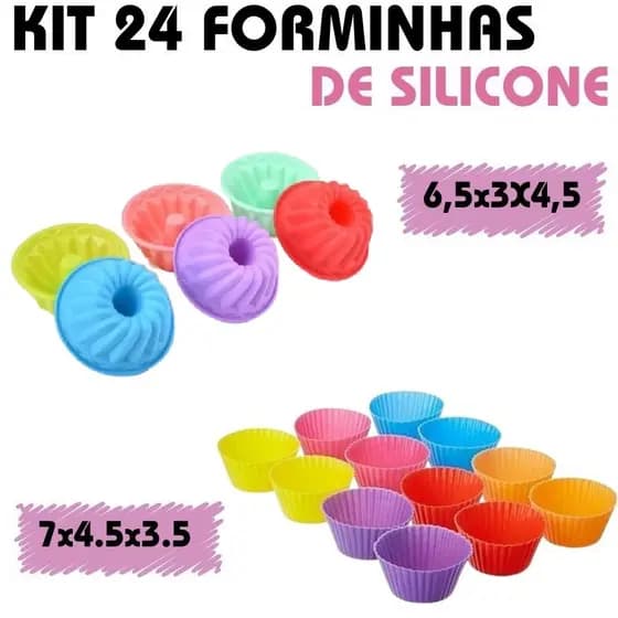 Kit 24 Forminhas De Silicone Para Bolinho Cupcake 7x4.5x3.5 E 6,5x3X4,5 Coloridos Multiuso