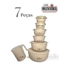 Kit Bowl Potes Plásticos Redondo  07 peças (5 Bowls + 1 Jarra  1,800 ML + Saladeira 5,8L) Bege