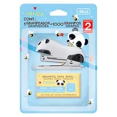 Mini grampeador panda Tilibra com 1000 grampos 12 folhas