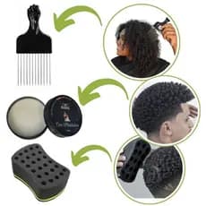 Kit Cabelos Afros Crespos Esponja Noudred, Cera modeladora Teia, Pente Garfo M