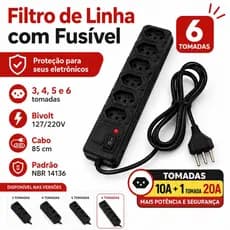 RÉGUA DE TOMADAS FILTRO DE LINHA TRIPOLAR COM FUSIVEL 10/20 AMPERES - 3, 4, 5 E 6 TOMADAS