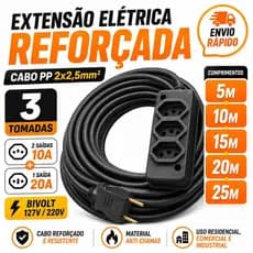 EXTENSÃO ELÉTRICA CABO PP INDUSTRIAL 2x2,5mm 20A/10A RESISTENTE CABO GROSSO 5/10/15/20/25 METROS