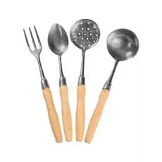 Conjunto de Talheres, Talher Cabo de Madeira - Utensilios de Cozinha - Kit C/4 unidades
