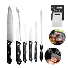 Jogo de Facas Cozinha Aço Inox Kit 7 Peças Conjunto Completo c/ Tabua de Corte