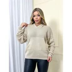 Trico blusa moletom tricot comcapuz e bolsos feminina novo 2026