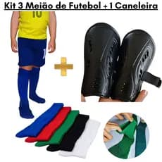 Kit 3 meia meião de futebol esportivo longo comprido infantil/juvenil + 1 Caneleira Infantil Futsal