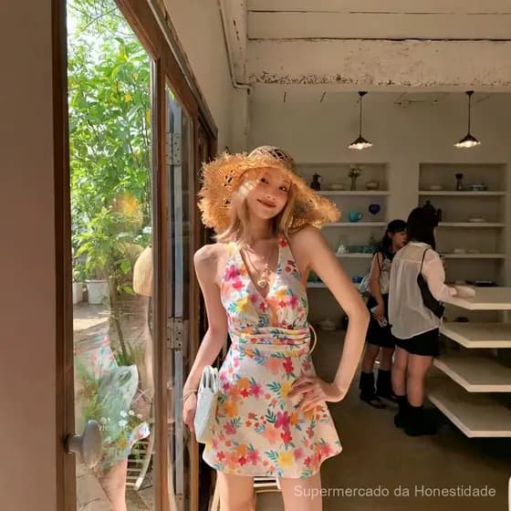 Vestido Halter Dopamine Back Garden da Monet para Mulheres, Novo Estilo de Verão, Vestido Floral com Alças para Férias n