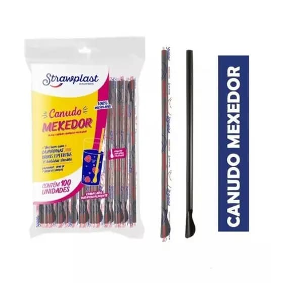Canudo Colher Mexedor Preto ou Transparente Strawplast Para Drinks - 100 Unidades