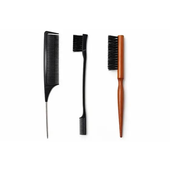 Kit Profissional Escovinha Baby Hair Preta+Pente Desfiar Cabo Metal+Escova Acabamento Madeira