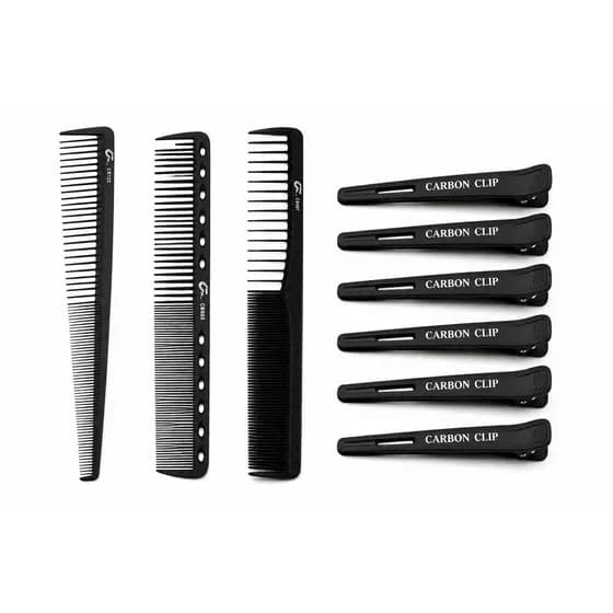 Kit 3 Pente Carbono Preto Profissional+Presilha de Carbono