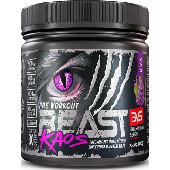 PRÉ TREINO BEAST KAOS 300g Extra Forte Citrulina, Beta Alanina, Cafeína, Arginina, Taurina  Tirosina