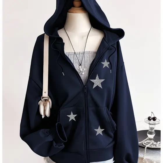 Moletom Ziper Moda Estrelas Flanelado Com Bolsos Aberto Estilo Promoção