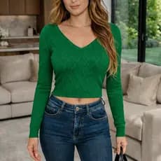 Cropped Feminino Tricô Viscose  Gola V Trabalhado Manga Longa Blogueira Tendência Inverno 2026