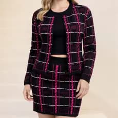 Conjunto Feminino de Tricot Modal Premium Casaco Xadrez e Saia Moda Outono Inverno 2026