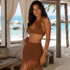 Saída de Praia Conjunto Crochê Tricô Feminina Top + Saia Ajustável ao Corpo Moda Verão Lançamento!