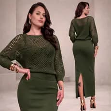 Conjunto Feminino Tricot Premium com Blusa Vazada ou Casaqueto Com Vestido Midi com Fenda Elegante Tricô Inverno
