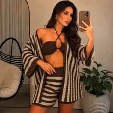 Conjunto Saída de Praia Tricô Premium Feminino 42 ao 46 Kimono e Shorts Modal Elegante  Não Transparente Tendência Verão