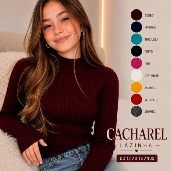 Blusa Cacharrel Feminina Tricô Lãzinha Trançada Segunda Pele Menina Juvenil Adolescente Tam 12 a 16 Inverno Gola Alta