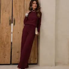 Conjunto Feminino Tricot Mousse Canelado Premium Blusa + Calça Pantalona Boho Chic Inverno Elegante