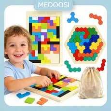 3 em 1 Quebra-cabeça de madeira 3D colorido educativoBrinquedo Quebra-Cabeça Tetris de Madeira - Estimula Imaginação e