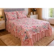 Colcha Casal Queen Floral Rose Com Babado + 2 Porta-Travesseiros Boutique Micropercal 400 Fios