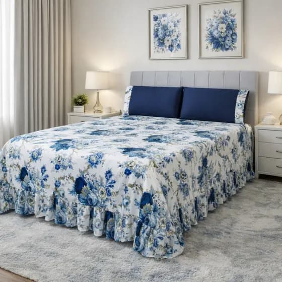 Colcha Casal Queen com Babado Floral Cobre Leito Estampado Micropercal 400 Fios Entrega Imediata