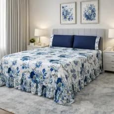 Colcha Casal Queen com Babado Floral Cobre Leito Estampado Micropercal 400 Fios Entrega Imediata