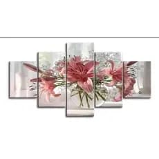 Quadro Decorativo Mosaico 5 Peças Flor Lírio Rosa Floral