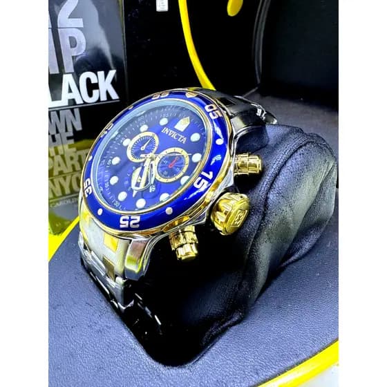Relógio Pro Diver Prata Aço Inox Detalhes Dourado Banhado Prova Dágua