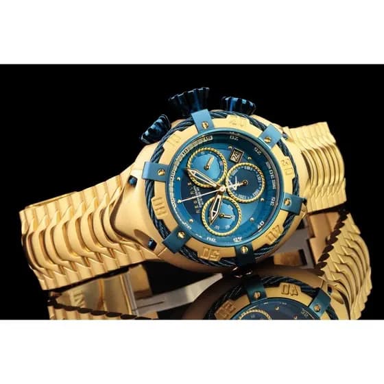 Relogio pesado Thunderbolt Masculino Grande Dourado Azul Invi frete grátis