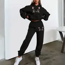Conjunto Feminino Moletom Capuz Bolsos Calça Moletom Rostinho Gatinho Minimalista Algodão Forrado