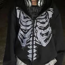 Blusa Moletom Flanelado Ziper e Ajustavel Esqueleto Moda Gotica Casual Hype Unissex
