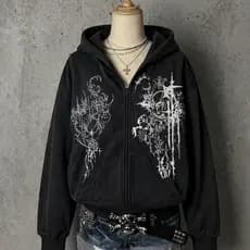 Casaco Moletom Ziper Tribal Y2k Aesthetic Dark Ajustavel Capuz e Bolso Flanelado