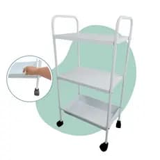 Mesa Carrinho Auxiliar Branca 2 Prateleiras + 1 Bandeja Aço Hospital Clínica Cirúrgica Manicure Aço